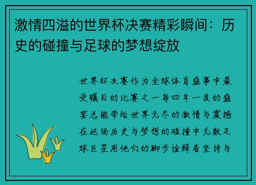 激情四溢的世界杯决赛精彩瞬间：历史的碰撞与足球的梦想绽放