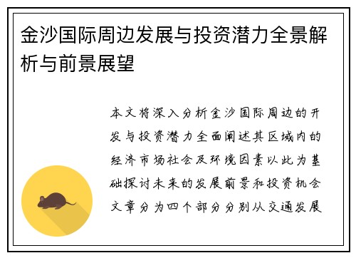 金沙国际周边发展与投资潜力全景解析与前景展望